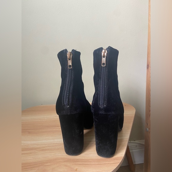Velvet material black high heel booties. - Picture 3 of 5